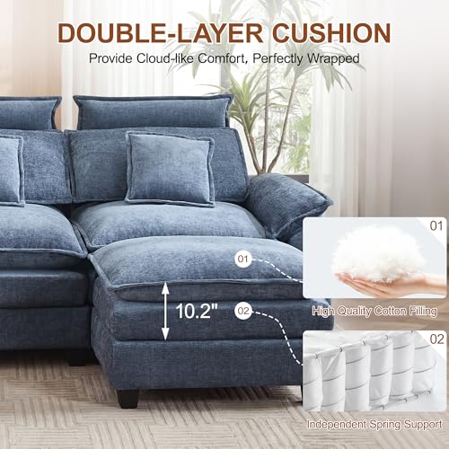 103'' Modular L Shaped Sofa, Cloud Deep Seat Sofa Couch with Ottoman, Detachable Headrest, 3 Seater Sectional Sofas for Living Room, Apartment, Studio, Blue - color: Blue, size: L Shaped Couch