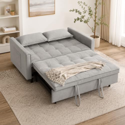 55" Pull Out Sleeper Sofa, Velvet Loveseat with Side Pockets, Grey | Velvet upholstery, 5-level adjustable back, Pull-out bed design, Sturdy frame with side pockets - color: Grey