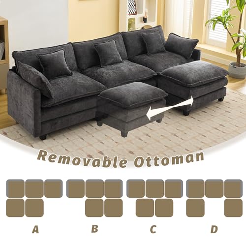 111'' Sectional Cloud Deep Seat Couch, Oversized Chenille U Shaped Sectional Sofa for Living Room Set, Comfy Upholstered Modular 5-Seats Sectional Sofa Couch with 2 Movable Ottoman, Dark Grey - color: Dark Grey, size: 111'' U Shape