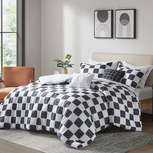 Intelligent Design Black/White Checkered Print Queen Comforter Set, 5pc | Bedding Full Size, Girls Bedroom, Lightweight, All-Season, Machine Washable, Easy Care, Cozy, Breathable, Soft - color: Black/White, size: F/Q Comforter
