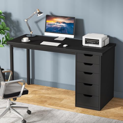 Tribesigns Computer Desk with 5 Drawers, 47 inches Rustic Brown Home Office Desk with Storage, Modern Simple Laptop Desk Study Writing Table for Small Spaces (1, Black) - color: Black