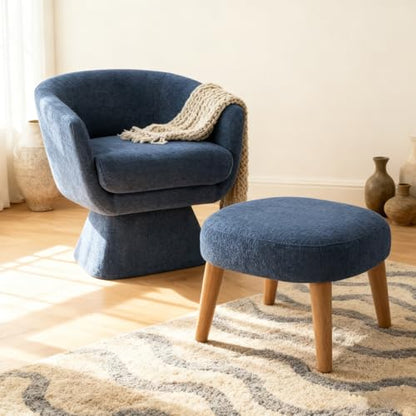 Swivel Barrel Chair and Ottoman Set, 360 Degree Club Chair, Comfy Boucle Armchair and Footstool, Upholstered Accent Sofa Chair w/Footrest for Living Room Bedroom Reception Room, Blue - color: Blue, size: Swivel chair