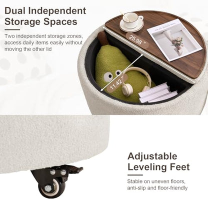 29.5" Round Storage Ottoman Coffee Table, Dual Reversible Lids, Beige | Round Ottoman Coffee Table, Swivel Casters, Hidden Storage, Dual Lift-Off Lids, Teddy Fabric, Living Room, Bedroom - color: Beige