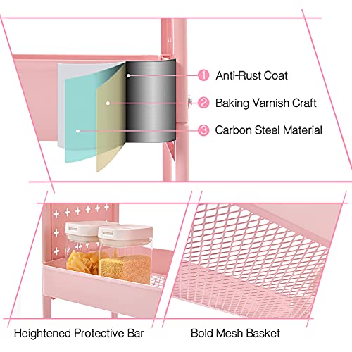 TOOLF 3-Tier Rolling Cart, Metal Utility Storage Cart with DIY Pegboards, Art Craft Trolley with Baskets Hooks, Organizer Serving Cart Easy Assemble for Office, Home, Kitchen, Classroom (Pink) - color: Pink