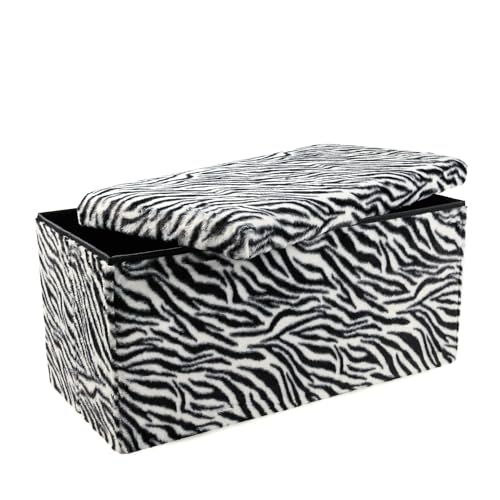 Luxe Faux Fur Storage Ottoman, Zebra Black/White, 30 x 15 x 15 in | Engineered Wood, Tool-Free Assembly, Modern Style, Seat And Footrest - color: Zebra Black/White, size: 30"D x 15"W x 15"H