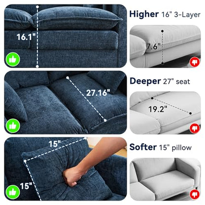 3 Seater Couch & Loveseat Sofa 2 Piece Set, Small 50" Love Seat & 69" Cloud 3 Seat Couch Sofa Set Washable Chenille Pillow Living Room Set for Apartment Office 50-Blue-3+2 - color: Blue, size: 50"+69"
