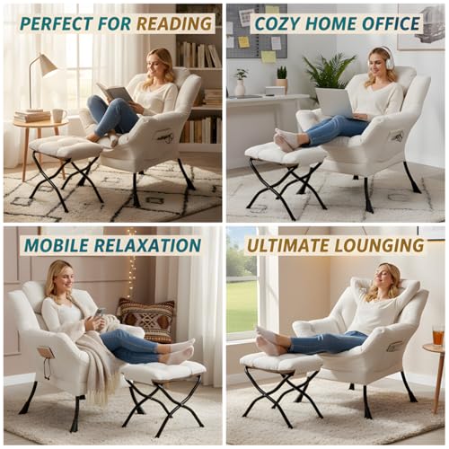 Lazy Chair with Ottoman, Comfy Reading Accent Chair, Beige | Foldable Footrest, Padded Seat and Backrest, Side Pocket for Lounging in Living Rooms, Bedrooms, Dorms and Small Spaces - color: Peach Skin Beige