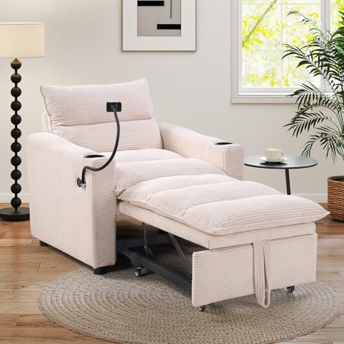 HAOMARKETS Corduroy Sleeper Sofa Bed with Cup Holders, 3-in-1 Convertible Pullout Futon Couch with Phone Holder&USB Charge Port, Single Armchair with 3-Level Adjustable Backrest for Apartment - color: Beige, size: 36"(1-Seat）