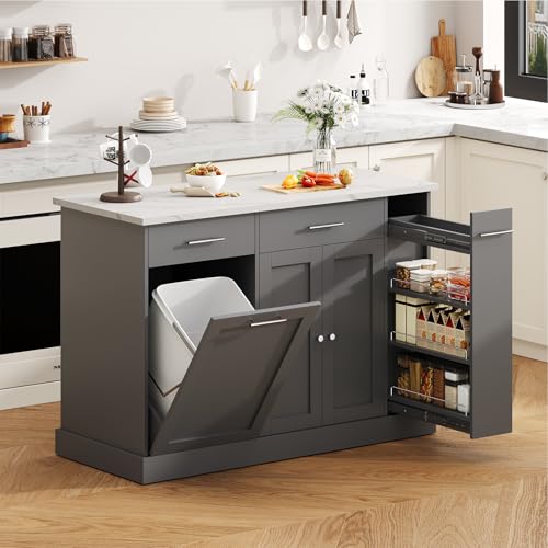 4 EVER WINNER Kitchen Island with Storage, Kitchen Island Cart on Wheels with Trash Can Cabinet, Spice Rack & Towel Rack, Kitchen Island Table with Faux Marble Countertop, Grey