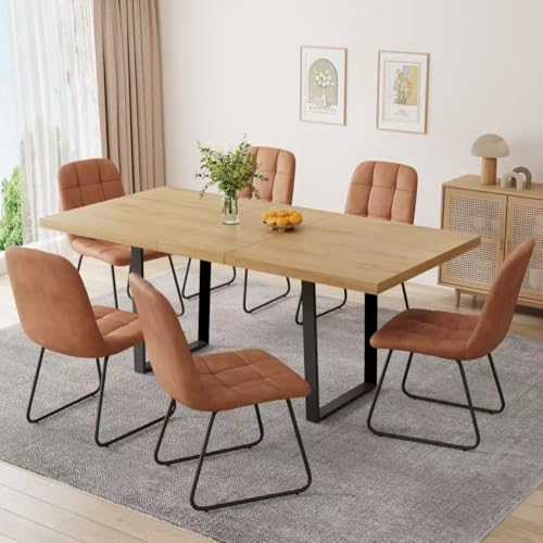 Mid-Century Extendable Dining Table Set, 51"-67", 6 Upholstered Chairs - color: Table With 6 Brown Chairs-b, size: 51"-67"