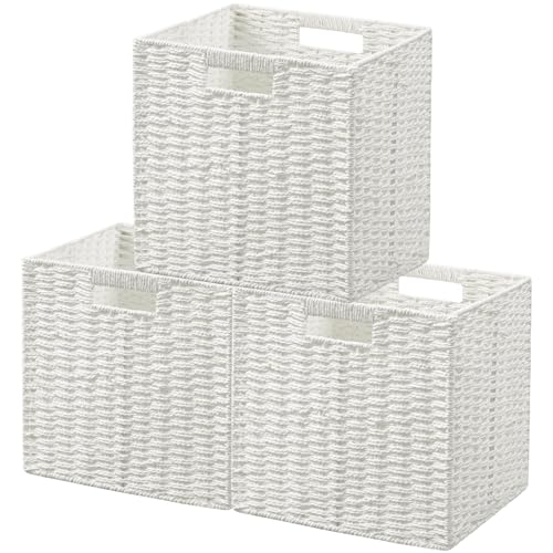 UBBCARE 3 Pack Wicker Basket, 11L×11H×10.5W inch Woven Paper Rope Storage Baskets for Shelves, Foldable Cube Storage bin with Handle, Storage Basket for Organizing & Decor, White - color: White, size: Cube-3pack 11"×11"×10.5"