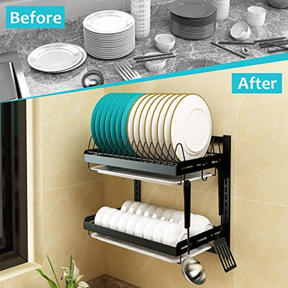 Wall Mounted Stainless Steel Dish Drying Rack Fruit Vegetable Storage Basket with Drainboard and Hanging Chopsticks Cage Knife Holder Kitchen Supplies Shelf Utensils Organizer (2-Tier) - color: 2-tier Dish Rack