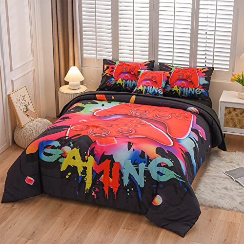 Aimuan Gamer Gaming Bedding Sets 3D Gamepad Comforter Sets for Boys Games Console Action Buttons Novelty Colorful Game Controller Modern Room Decor Home Quilt Set (Black, Twin 6PCS) - color: Black, size: Twin(6Pcs)