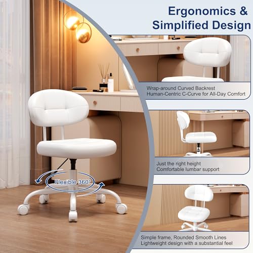 Misolant Vanity Chair with Back, Small Armless Cute office Chair with wheels and Lumbar support, Comfy PU Leather Desk Computer Chairs with Adjustable Height, 360°Swivel for Home Bedroom Office, White - color: White
