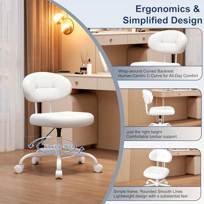 Misolant Vanity Chair with Back, Small Armless Cute office Chair with wheels and Lumbar support, Comfy PU Leather Desk Computer Chairs with Adjustable Height, 360°Swivel for Home Bedroom Office, White - color: White