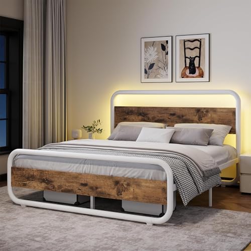 Full Size Bed Frame, Wood Headboard and Footboard, LED Lights, White | Metal Platform with Heavy Duty Metal Slats Support/12 in Under-Bed Storage/Noise-Free/No Box Spring Needed/Easy Assembly - color: White, size: Full