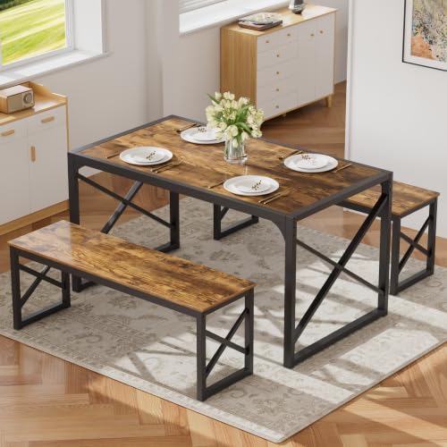 VECELO 55" Kitchen Dining Table Set for 4, Heavy-Duty Steel Frame & Wood-Grain Tabletop, Space-Saving Dinette Sets with 2 Benches for Breakfast Nook and Small Space, Brown - color: Brown, size: 55 Inch