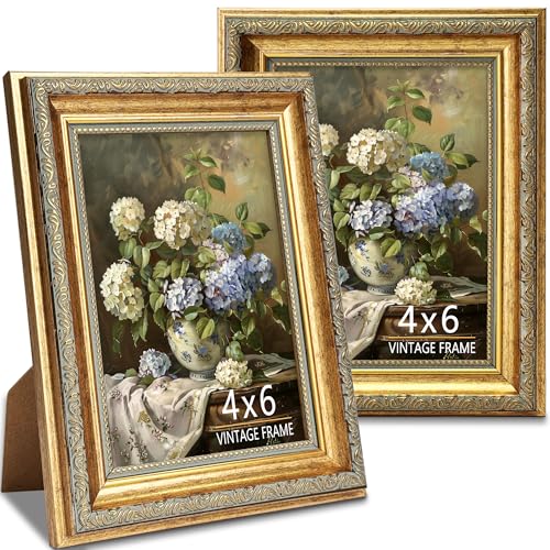 4x6 Picture Frames, Ornate Vintage Gold Photo Frames with HD Glass for Wall Decor or Tabletop Display, 4 x 6 gold picture frame with Distressed Rust-Like Finish, Retro Home Decor, 2 Pack - color: Gold Distressed, size: 4x6-2P