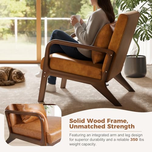 Mid-Century Modern Chair,Upholstered Accent Chair Reading Arm Chair with Cushion & Lumbar Pillow & Solid Wood Frame for Lounge, Living Room, Bedroom, Office, Brown-PU Leather, 2PCS - color: New Arrival - Brown, Pu Leather, size: Set of 2