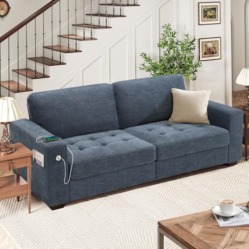 Hanherry 89" Sofa for Living Room, Modern Comfy Couch with Medium Firm Seat Cushion, Removable Cover,Wide Armrest,USB/Type-C Port,Chenille Fabric Couches for Small Space,Apartment - color: Blue, size: 89 Inch