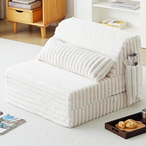 Folding Sofa Bed Convertible Sleeper Chair Mattress with Pillow & Side Pocket, Thick Corduroy Floor Mattress Couch Bed, Single Size, Beige - color: Corduroy Beige, size: Single Size