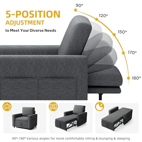 YITAHOME Convertible Sofa Chair Bed | 3-in-1 Sleeper Sofa with Pull-Out Bed, Linen Fabric Single Sleeper Chair with Reclining Backrest and Wide Armrest, Modern - color: Grey, size: 74.8 x 35.8in