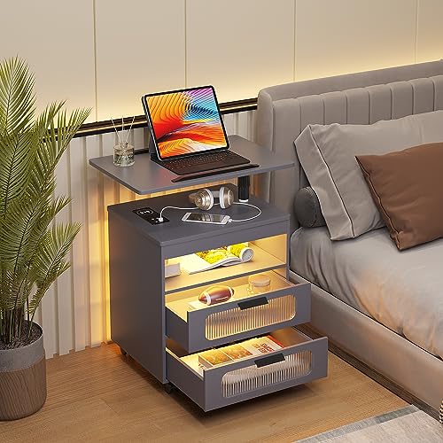 HNEBC Nightstand with Wireless Charging Station, LED Nightstand Has Adjustable Rotary Workstation, Smart Night Stand with 2 Drawers,Modern Bedside Table for Bedroom, Sensor Light/Wheel (Grey) - color: 9603-1-grey