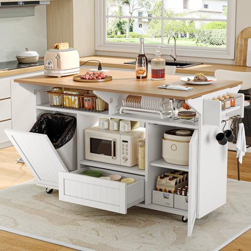 Einhomn 65" Kitchen Island with Drop Leaf, Island Table for Kitchen on Wheels with Trash Can Storage and Power Outlet, White - style: White
