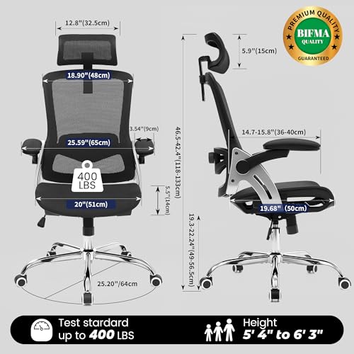 Fizzin Office Chair Mesh Desk Chair with 3D Armrests Computer Chair | Ergonomic Office Chair with Adjustable Lumbar Support and Headrest 125° Tilt and Wide Mesh Cushion High Back Home Desk Chair - color: Black