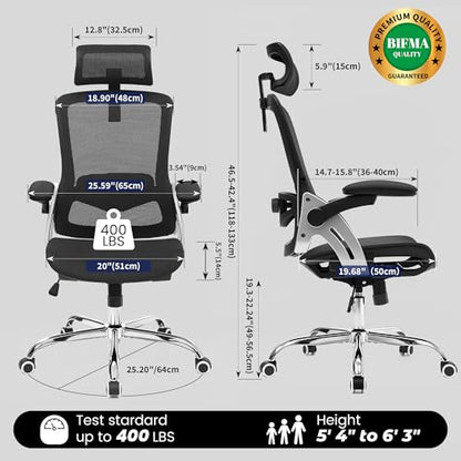Fizzin Office Chair Mesh Desk Chair with 3D Armrests Computer Chair | Ergonomic Office Chair with Adjustable Lumbar Support and Headrest 125° Tilt and Wide Mesh Cushion High Back Home Desk Chair - color: Black