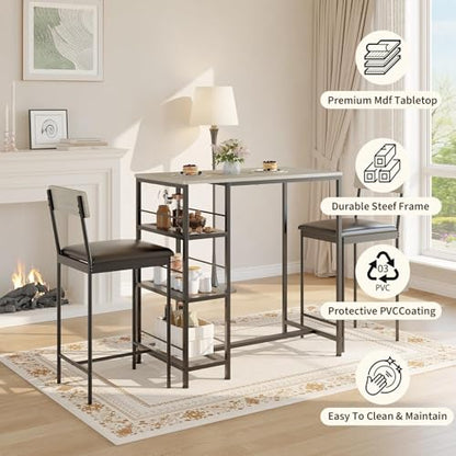 GarveeLife Dining Table Set for 2, Counter Height Bar Table Set with Storage ＆ Stools, High Top Pub Table and Chairs for Kitchen, Dining Room, Sofa Side, Apartment, Breakfast Nook - color: Oak