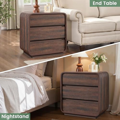 Standifurno Walnut 3 Drawers Nightstand, 25" Tall Wooden Bedside Table with Charging Station, Large Side Table Curved Profile, Handleless, Large End Table Night Stand for Bedroom, Office - color: Walnut, size: 3 Drawer(1PC)