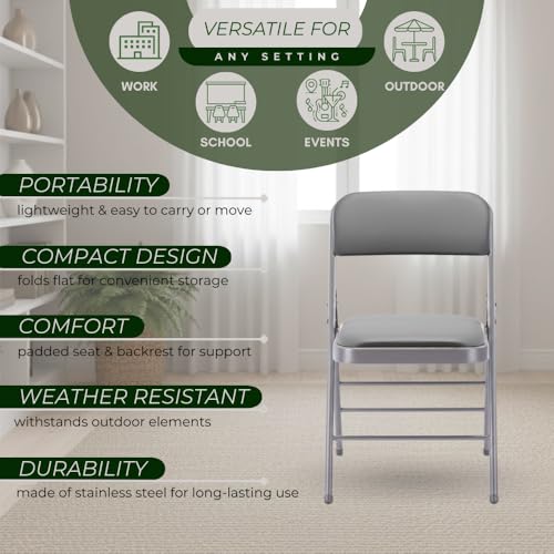 Pack of 2 (Fabric/Vinyl) Steel Frame Metal Foam Padded Folding Chairs (Black, Gray, White) (2-Pack - Vinyl Gray) - color: 2-pack - Vinyl Gray
