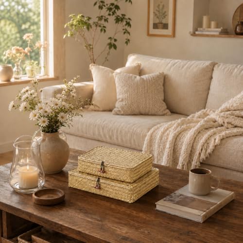 YANGQIHOME Set of 2 Seagrass Baskets with Lids, Rectangular Woven Storage Baskets, Natural Wicker Basket Boxes for Coffee Table, Shelf, Bathroom Counter & Closet Decor (Natural, Set of 2) - color: Natural, size: Set of 2