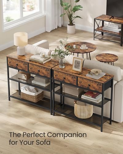 SONGMICS Console Table, Narrow Sofa Table with 2 Mesh Shelves | For Entryway, Living Room, 2 Fabric Drawers, Rustic Brown, BELLAH Collection ULGS075K101 - color: Rustic Brown, size: 11.8"D x 30.2"W x 31"H (2 Drawers)