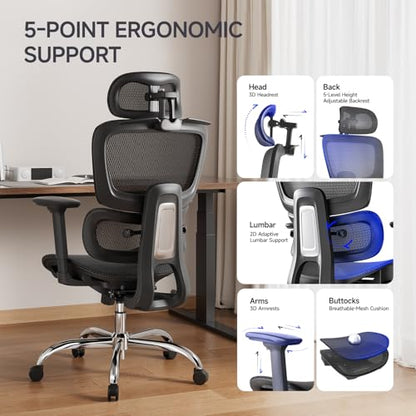 Ergonomic Office Chair with 3D Headrest, Computer Chair with Adjustable Backrest & 3D Armrest, Gaming Chair with Adaptive Lumbar Support, Mesh Backrest & Cushion, Black - color: Black, style: Eco