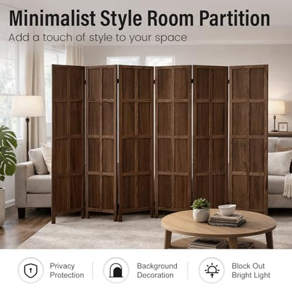 6 Panel Wood Room Divider and Folding Privacy Screen 67″, Brown | Solid Paulownia Wood Room Partition with 360° Hinges, Freestanding Wall Divider for Room Separation, Home, Bedroom, Office - color: 6 Panels Brown, size: 6 Panels