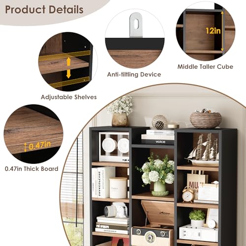 FOTOSOK 71'' H Bookshelf with 21 Cubes, Triple Wide Tall Bookshelf | 8 Tier Bookcase with 8 Adjustable Shelves, Large Bookshelf DVD/CD Media Tower Storage, Freestanding Display Shelf Cabinet - color: Black/Brown