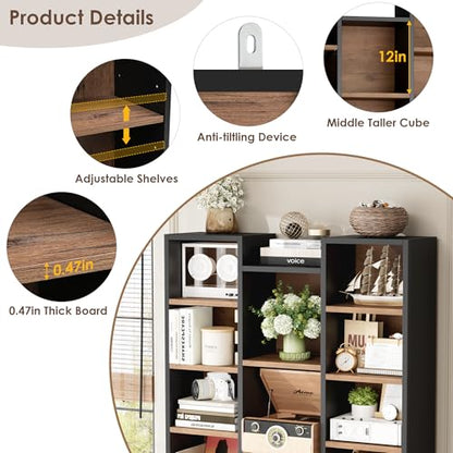 FOTOSOK 71'' H Bookshelf with 21 Cubes, Triple Wide Tall Bookshelf | 8 Tier Bookcase with 8 Adjustable Shelves, Large Bookshelf DVD/CD Media Tower Storage, Freestanding Display Shelf Cabinet - color: Black/Brown