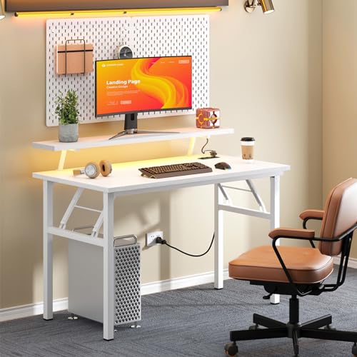 DlandHome 39" Computer Desk with Power Outlets & LED Lights, White, Bedroom | Folding Desk with Monitor Stand, Writing Study Table Gaming Desk, Metal Frame, Fully Assembled, Home Office Small Spaces - color: White + White, size: 39 Inches + Outlets