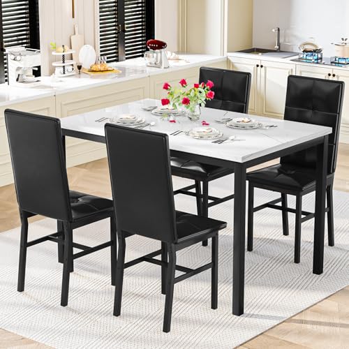 Hooseng Dining Table Set for 4, Faux Marble Small Kitchen Table with 4 PU Leather Chairs, Modern 5 Piece Dinner Table Set for Dining Room, Breakfast Nook, Samll Space, White & Black - color: White