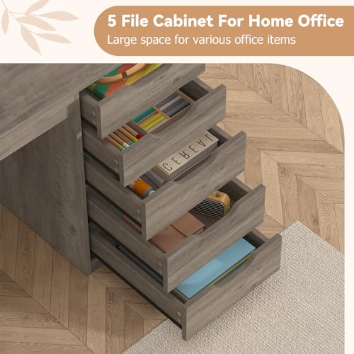 47 Inch Computer Desk with 5 Drawers and Power Outlets for Small Spaces | Home Office Desks with Storage File Cabinet and Charging Station, Modern Simple Laptop Desk Writing Table, Grey - color: Grey