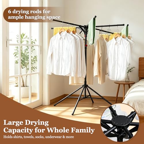 Adjustable Collapsible Umbrella Style Clothes Drying Rack, 4Legs6Telescopic Arms, Space-Saving Freestanding Laundry Airer with Windproof Clips, Easy Setup Indoor Outdoor (Black-Carbon Steel) - color: Black-carbon Steel