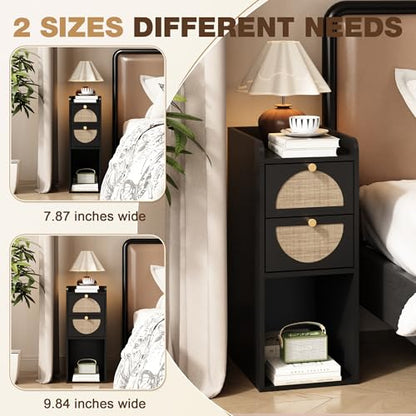 Narrow Nightstand Set of 2 (Rattan & Wood) - Small Bedside Table with 2 Drawers, Open Shelf, Mid Century Modern End Table - for Bedroom, Living Room & Small Spaces, Black - color: Black, size: 9.9"W (2 Pc)