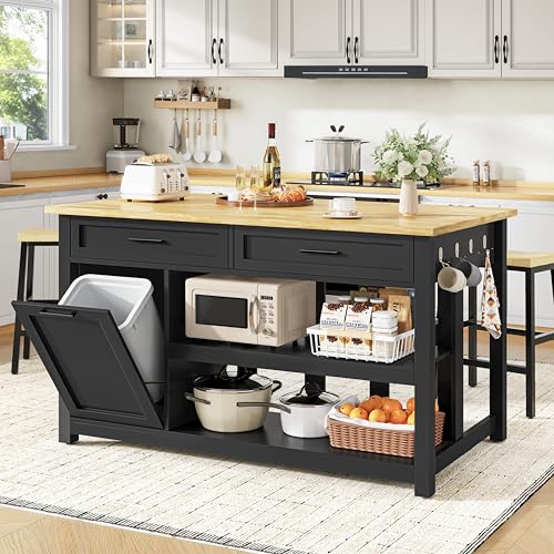 Kitchen Island with Storage and Seating Include 2 Bar Stools, Drawers,Black | 47" Solid Rubberwood Top Kitchen Island with Trash Can Storage, Power Outlet, 6 Hooks, Coffee Bar Cabinet, Dining Table for 2 - color: Black