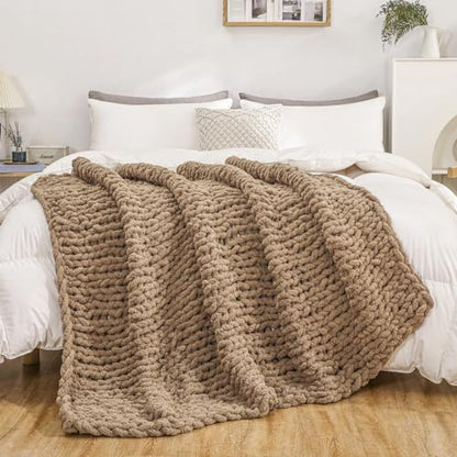 WESHIONGOO Chunky Knit Blanket Throw for Couch Bed 51"×63" Brown | 100% Handmade Knitted Throw blanket Fluffy Soft Blanket With Jumbo Chenille Yarn Thick - color: Brown, size: 51"x63"(Large Size Throw)