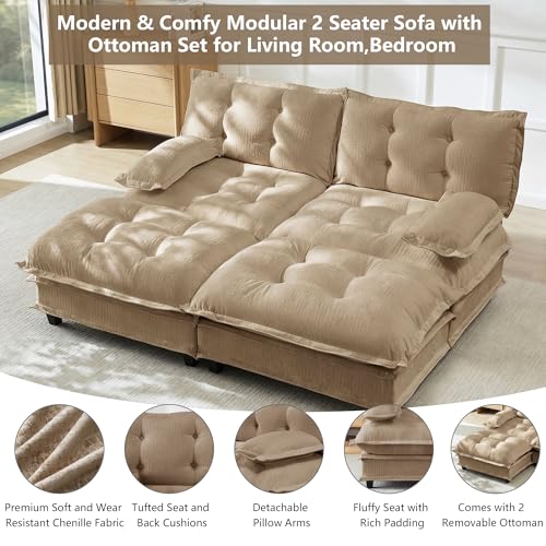 Deep Loveseat Couch with Ottomans,Modular Sectional 2 Seater Cloud Sofa with Ottoman,Tufted Chenille Double Chaise Sofas,Modern Lounger Couches for Living Room Small Spaces - color: Light Coffee, size: 2+2