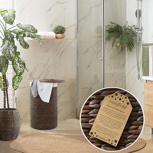 Casafield Round Laundry Hamper with Lid and Removable Liner Bag - Espresso Dark Brown, Woven Water Hyacinth Wicker Laundry Basket for Clothes, Towels