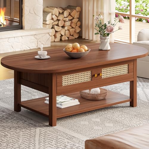 LVB Oval Coffee Table, 47" Rattan Boho Wood Living Room Table with Storage | Modern 2-Tier Cocktail Tea Table with Doors & Open Shelf, Farmhouse Vintage Center Tables for Bedroom Office, Walnut - color: Walnut