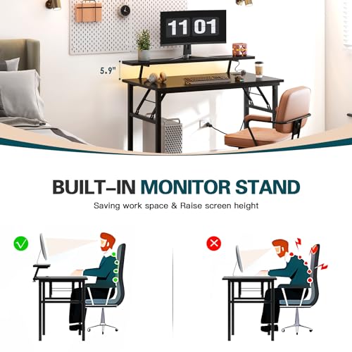 DlandHome 39" Computer Desk with Power Outlets & LED Lights, Black, Bedroom | Folding Desk with Monitor Stand, Writing Study Table Gaming Desk, Metal Frame, Fully Assembled, Home Office Small Spaces - color: Black + Black, size: 39 Inches + Outlets